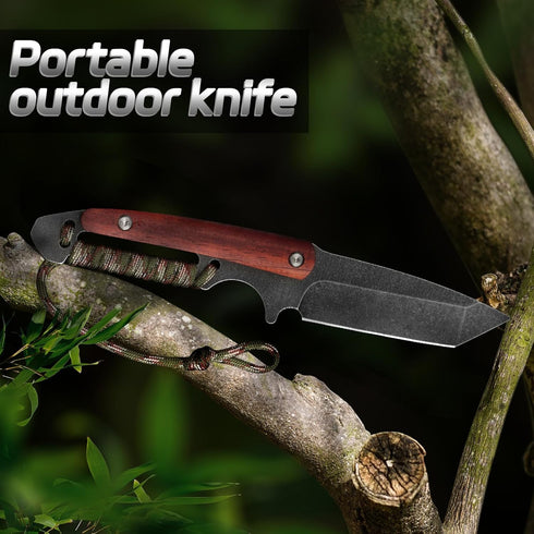 8.58 inch outdoor straight blade, full handle fixed blade, wooden handle hunting knife with sheath, used for camping, hiking, and survival...