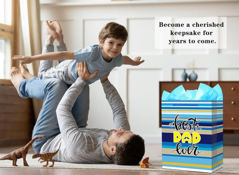 FaCraft Fathers Day Gift Bag - 13" Large Happy Father's Day Gift Bags with Tissue Paper Best Dad Ever Paper Bag with Handle for Dad Stepdad Grandf...