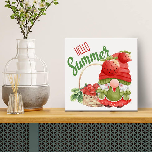 Summer Strawberry Gnome Canvas Wall Art Framed Print 8x8 Inch Hello Summer Poster Painting Desk Sign Home Kitchen Decor...