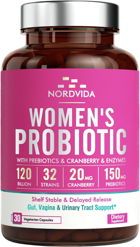 Women's Probiotic, 120 Billion & 32 Strains with Cranberry, Prebiotics & Digestive Enzymes, Gut, Vaginal & Urinary Tract Support, 30 Delayed Relea...