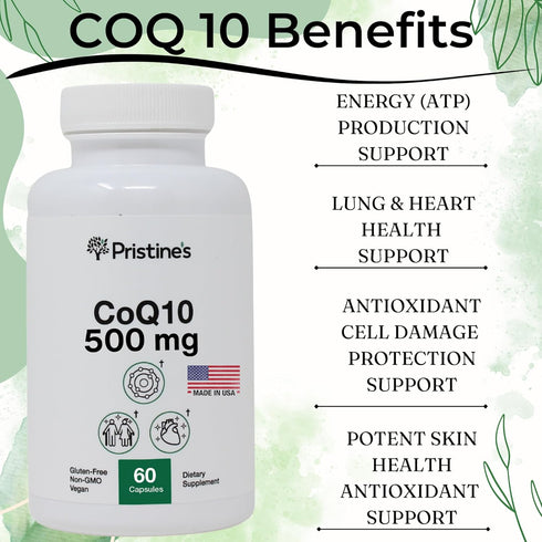 PRISTINE'S CoQ10 500MG Energy Production Support Supplement Capsules - 30 Day Supply Heart Health Supplement - Lung Health & Migraine Support Anti...