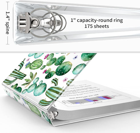 3 Ring Binder I Inch, Cute Round Three Ring Binder Organizer with 2 Storage Pockets for Women - Watercolor Cactus...