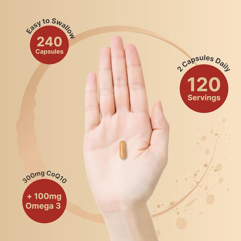 CoQ10 (Ubiquinone) 300mg with Omega 3 Fatty Acids, 240 Capsules | Stable High Absorption Form – Antioxidant Support for Heart & Energy Health – Ex...