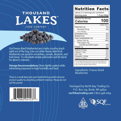 Thousand Lakes Freeze Dried Fruit - Blueberries 3.5 ounces | No Sugar Added | 100% Whole Blueberries...
