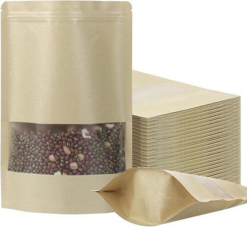 100 Pcs Resealable Kraft Paper Bags,Stand Up Pouches Bags with Matte Window, Zip Lock Food Storage Bags,Scratch Resistant Hand Self Sealing Bags. ...