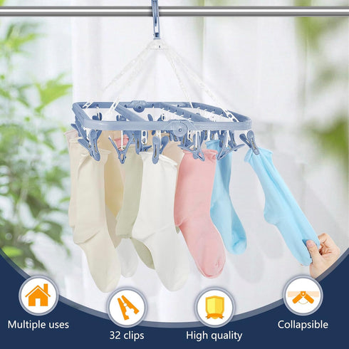 Aolloa Clothes Drying Rack with 32 Clothespins, Bule Foldable Hanging Drying Racks, 360° Rotatable Hook for Drying Towels Bras Baby Clothes Gloves...