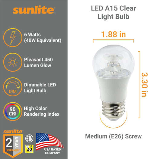 Sunlite 80137 LED A15 Appliance Clear Light Bulb, 6 Watts (40W Equivalent), 450 Lumens, Medium Base (E26), 90 CRI, Dimmable, ETL Listed, Ceiling F...