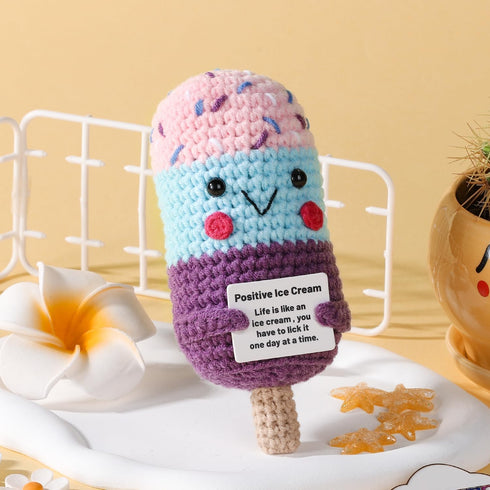 Funny Positive Ice Lolly, Crochet Ice Cream Cute Knitted ICY Pole Toy with Encouraging Card Smiling Emotional Support Potato Doll Handmade Positiv...