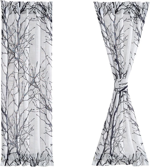 FMFUNCTEX Sheer Side Front Door Curtains 40" White Black Branch Tree Half Print Curtain for Patio Doors with Matching Tiebacks 24”w 2 Panels...