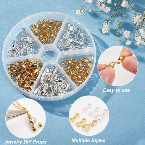 PH PandaHall Pinch Clip, 120 Pieces 6 Styles Pinch Clip Bail Clasp Dangle Charm Bead Pendant Connector Findings for Jewelry Necklace DIY Craft Mak...