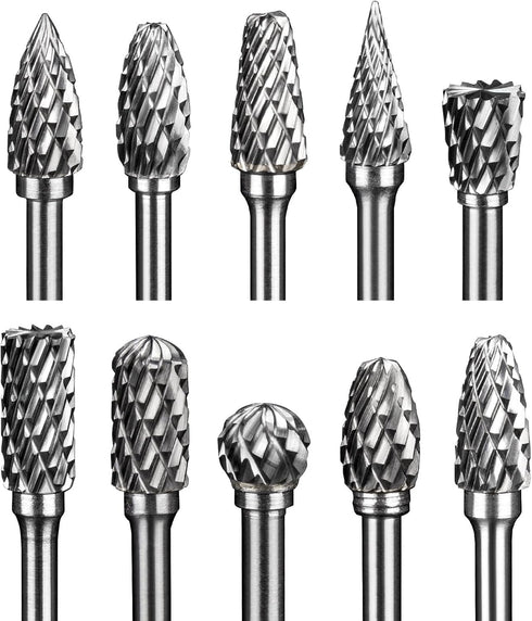 HUHAO Carbide Burr Set Double Cut 10PCS Rotary Burr Bits with 3mm(1/8") Shank 6mm(1/4") Bit Die Grinder Rotary Tool Rasp Bits Wood Carving Accesso...