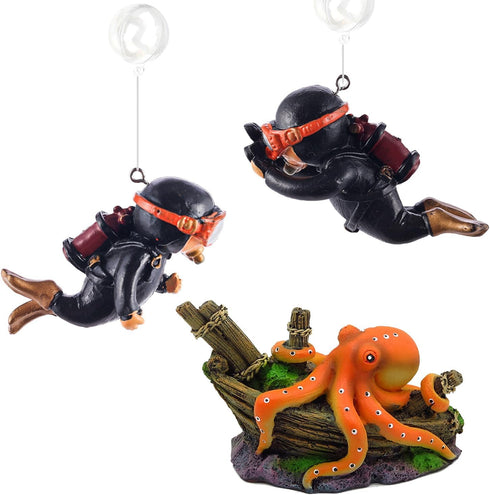 Adventure! Cute Little Diver Fish Tank Decorations, 3 Pack Floating Aquarium Decoration, Funny Fish Tank Decor, Retro Old Octopus Wreck Ornament A...