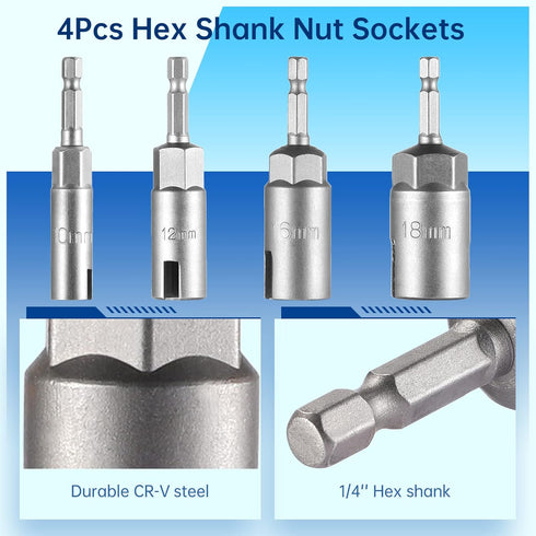 1/4in Hex Shank Nut Driver, 4 Pcs Wing Nut Driver Sockets, 10/12/16/18mm, Slot Wing Nuts Drill Bit Sockets, Wrench Tools for C Hook Bolts, Panel N...