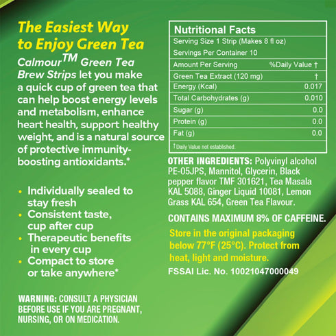 CALMOUR Natural Green Tea Extract Strips 10 Pack | Green Tea Bags Alternative Travel Friendly On-The-Go Quick Dissolving Strips | Lemon Ginger Tea...