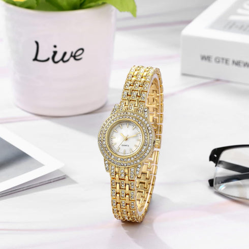 JewelryWe Women Watches Gold-Tone Iced Out Wristwatch Rhinestone Round Analaog Quartz Watch Bling Dress Watch, for Halloween...