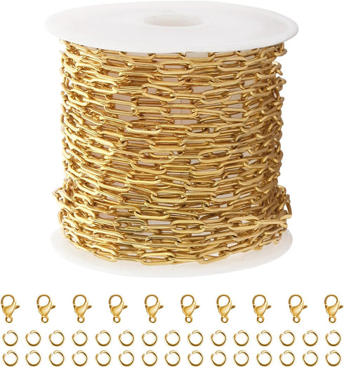 Kyutong 5M Gold Plated Necklace Chain for Jewelry Making 304 Stainless Steel Paperclip Chain Roll with Lobster Clasps and Jump Rings for Men Women...