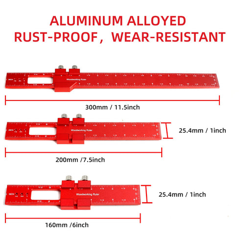 Precision Pocket Ruler Metal Slide Rule Inch and Metric, 3Pcs Aluminum Woodworking Rulers with Slide Stop T-Type Scribing Ruler Square Ruler T Tra...