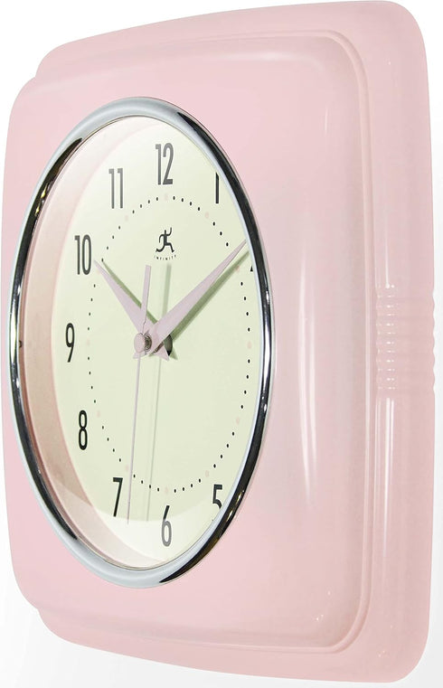 Infinity Instruments Square Silent Retro 9 inch Mid Century Modern Kitchen Diner Retro Wall Clock Quartz Sweep Movement (Pink)...