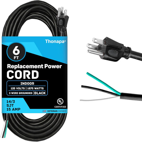 15 Amp Replacement Power Cord 6 ft, 14 AWG Extension Cord 3 Prong Plug with Open End for Power Tool and Appliance, 14/3 SJT, NEMA 5-15P - Black...