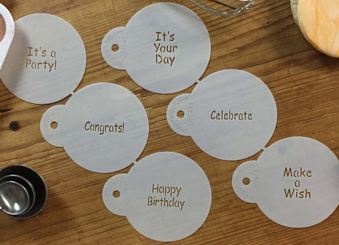 Designer Stencils It's a Party Cookie Stencil Set, (HAPPY BIRTHDAY - CONGRATS - IT'S A PARTY - MAKE A WISH - CELEBRATE), Beige/semi-transparent...