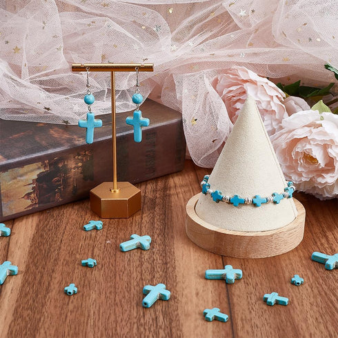 SUNNYCLUE 1 Box 90Pcs 3 Sizes Cross Beads Bulk Mini Small Stone Cross Bead 10/16/25mm Blue Easter Turquoise Pocket Cross Beads Tiny Cross Crucifix...