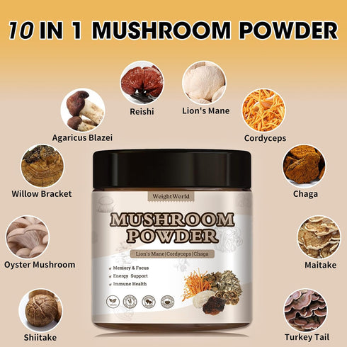 Mushroom Powder, 10 in 1 Mushroom Complex Formula Supplements for Coffee - Lions Mane, Shiitake, Reishi, Cordyceps, Chaga & More for Immunity, Ene...