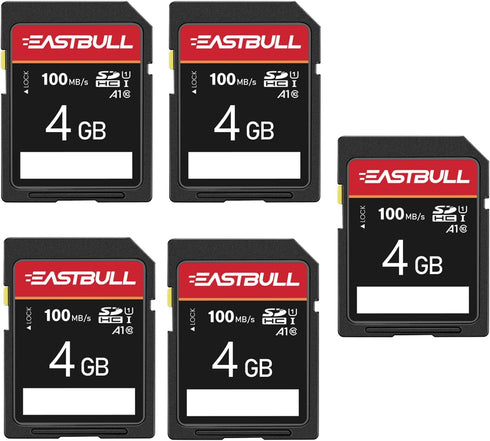 EASTBULL 5-Pack of SD Card 4GB Class 10 SD Card U1 V30 High-Speed 100MB/s Read SDHC Memory Card 5-Pack for Camera, Full HD Video, with 5 Mini Case...