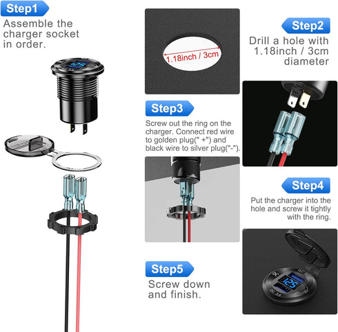 12V/24V USB Outlet Quick Charge 3.0 Dual USB Car Charger Socket with Blue Voltmeter, Waterproof Aluminum Cigarette Lighter USB Charger DIY Kit for...