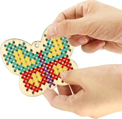 JHGCVX 12 Pcs Wooden Cross Stitch Keychain Kit?Make Your Own Cross Stitching Keyrings?Butterfly Flower Love Star Wood Cross Stitching Keyrings for...