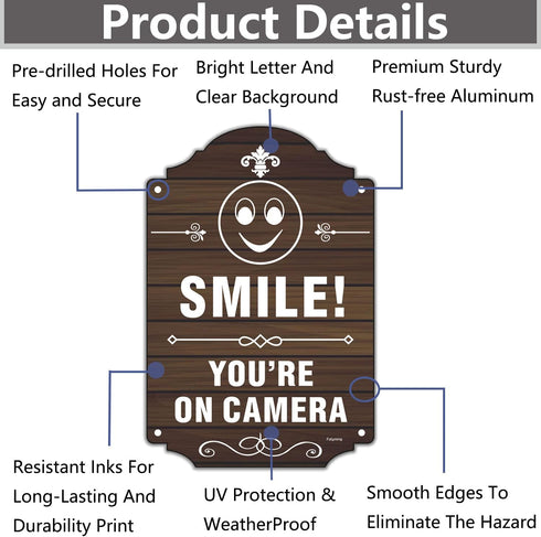 2 Pack Smile You're On Camera Signs Video Surveillance Signs 12 x 8 Inches Home Business Driveway Alert CCTV Security Camera Warning Signs Metal R...