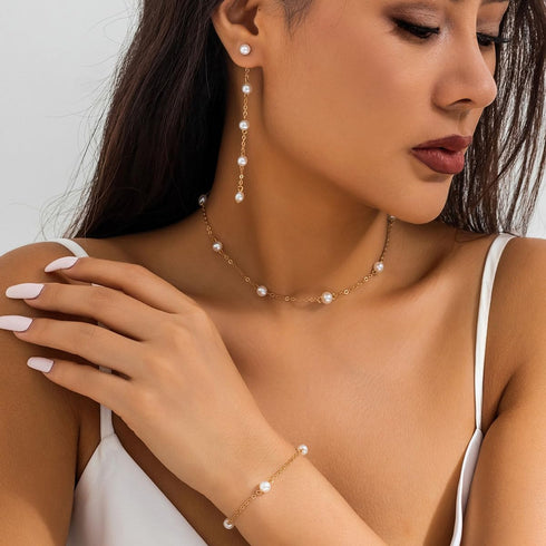 Pearl Wedding Bridal Set Bridal Pearl Choker Necklace Earring Bracelet Set Long Pearl Earrings Faux Pearl Jewelry Set for Women and Bridal...