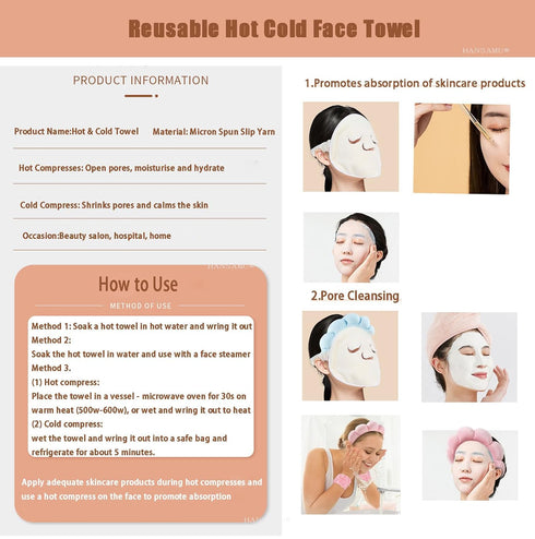 HANSAMU 5 Pcs Reusable Hot Cold Face Towel Masks for Skincare, Facial Masks Steamer Facial Kits for Women Girls Estheticians Skin Care, 1 Spa Head...