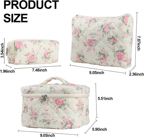 Cute Makeup Bag for Women(3 Pcs), Quilted Floral Coquette Aesthetic Make up Bags, Travel Cosmetic Bags Toiletry Organizer Bag(Pink Flower)...