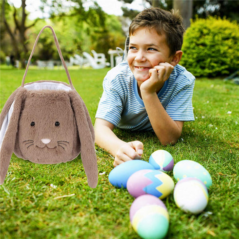 Plush Easter Bunny Basket for Kids Boys Girls Easter Buckets with Long Plush Ear Personalized Egg Hunting Bags,Bunny Kids Easter Tote Bags for Eas...