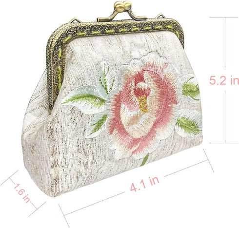 Embroidery Floral Buckle Coin Purse Kiss Lock Wallet(white-1)...