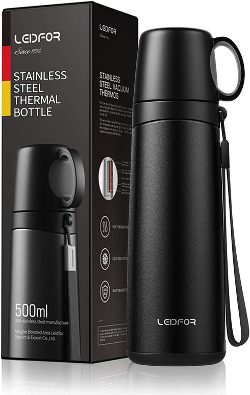 Coffee Travel Mug Vacuum Insulated Thermal Water Bottle Build-in Lid Cup Stainless Steel Leakproof 17Ounce Black Matte Finish...