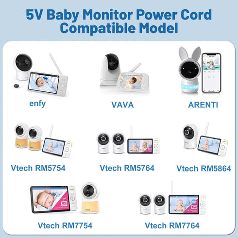 5V Baby Monitor Power Cord for enfy E110,VAVA,ARENTI,VTech RM5754/HD/2HD RM5764/HD/2HD RM5864/HD/2HD RM7754/HD/2HD RM7764/HD/2HD Baby Monitor Char...