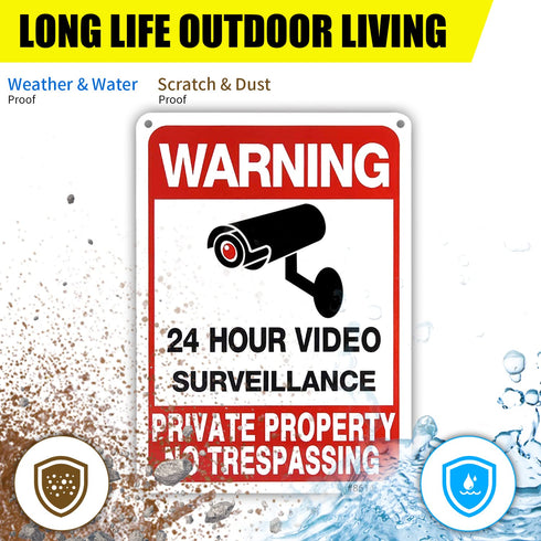 4-Pack No Trespassing Signs Private Property, 10x7 Inch Aluminum 24-Hour Video Surveillance Signs Outdoor, Warning Signs for Property Security, Ho...