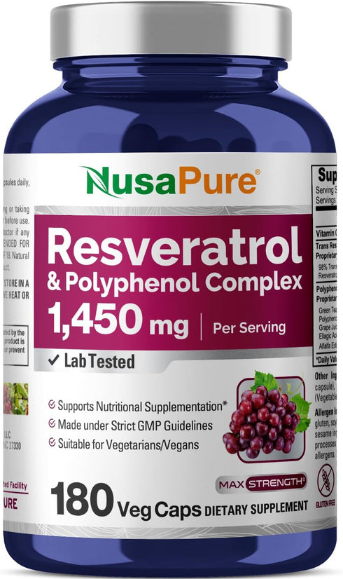 NusaPure Resveratrol & Polyphenol Complex 1450mg 180 Vegetarian Caps (Non-GMO, Vegan) Vitamin C...
