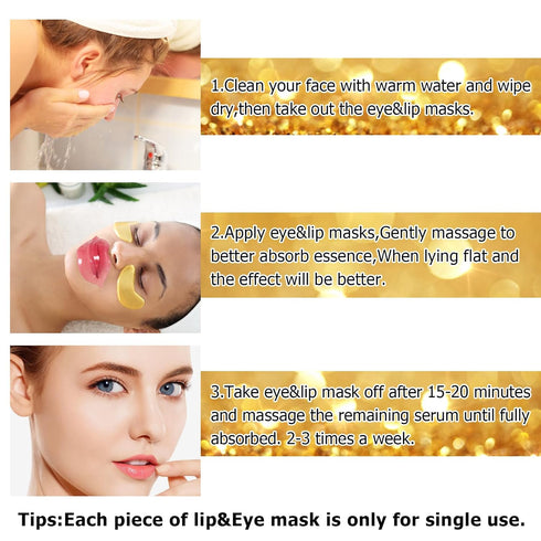 Jakuva 30 Pairs Lip Masks & Eye Masks,Gold Under Eye Patches for Puffy Eyes,Pink Lip Masks Skincare,Effectively Moisturizing the Lip & Eye Skin,An...
