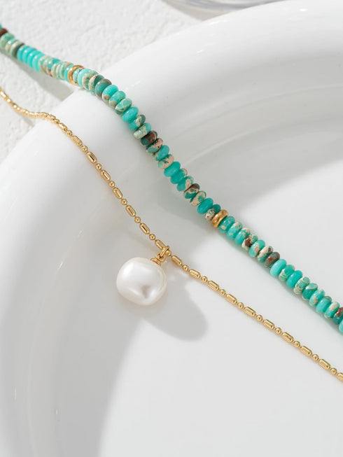 2Pcs Beaded Gemstone Layered Necklace for Women Colorful Boho Bead Choker Necklace Natural Stone Freshwater Pearl Surfer Beach Necklace 14K Gold P...
