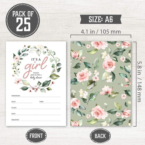 Hat Acrobat Set of 25 Baby Shower Invites for Girl - Floral Girl Baby Shower Invitations, Diaper Raffle Tickets, Book Request Cards and Envelopes ...