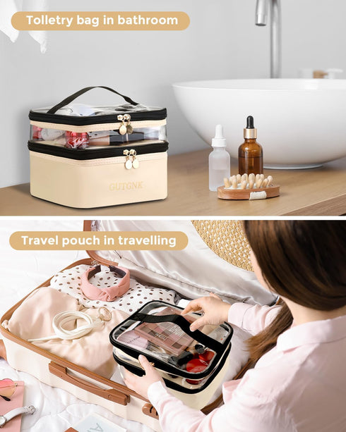 Cosmetic Bags for Women Clear Leather Double Layer Makeup Bag - Large Travel Skincare Bag For Travel Organizer Toiletry Bag - Beige...