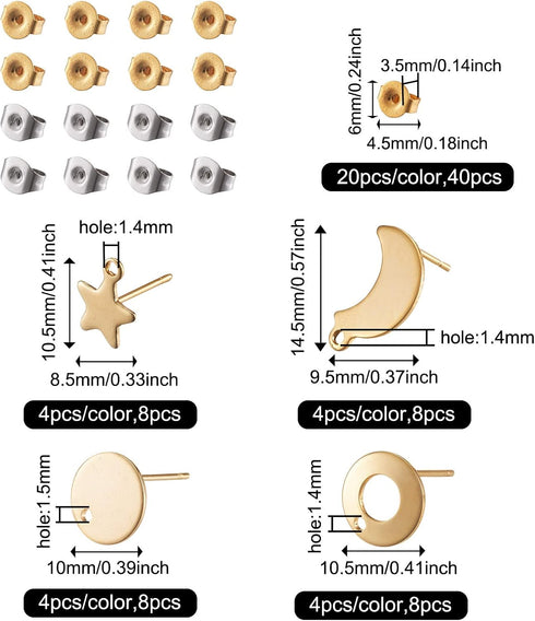 Pandahall 16 Pairs Stainless Steel Earring Making Kit with Ear Nuts 4 Shape Moon Ring Star Flat Round Stud Earring Findings with Hole for Jewelry ...