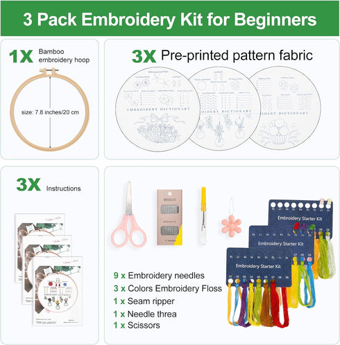 chfine Embroidery Kit for Beginners, 3 Sets Embroidery Starter Kit for Adults Embroidery Stitches Practice Kit Stamped Cross Stitch Sets with Inst...