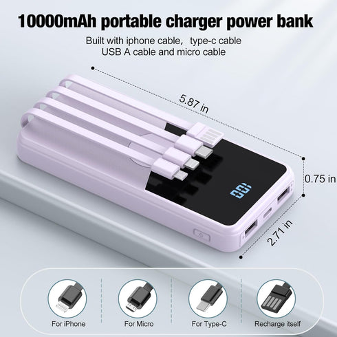 Portable Charger with Built in Cables,High Speed Power Bank 10000mAh Travel Battery Pack 5 Outputs 3 Inputs Portable Phone Charger Backup Battery ...