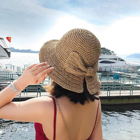 Foldable Wide Brim Floppy Straw Beach Sun Hat,Summer Cap with Bowknot for Women Girls,Strap Adjustable...