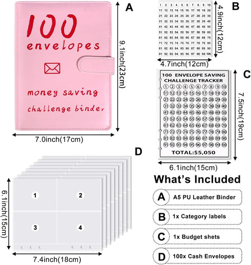 100 Envelopes Money Savings Challenge Book, Budgeting Binder and Cash Saving Kit with Pouches, Family Emergency Binder (Pink)...