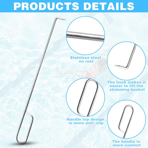 Pool Skimmer Basket Hook Tool, Stainless Steel pool Skimmer Hook Extended Knee Protection Skimmer Basket Handle for Cleaning Swimming Pool Debris ...