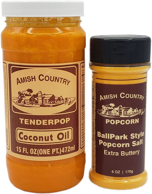 Amish Country Popcorn | Oil and Seasoning Variety Pack | Coconut Oil - 15 oz and Ballpark ButterSalt Popcorn Salt - 6 oz...